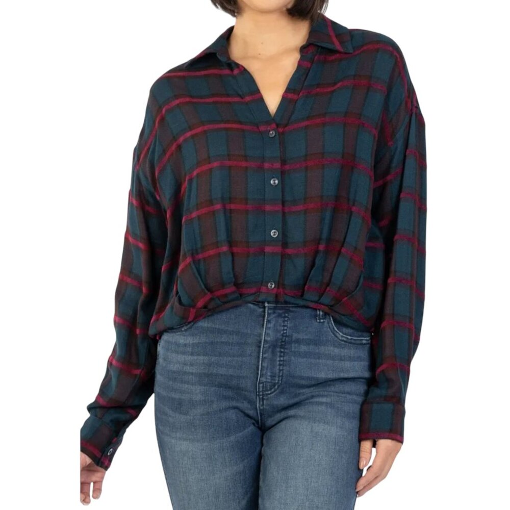 Kut from the Kloth | Tessa Plaid Flannel Cropped Button Up Shirt Wine Navy